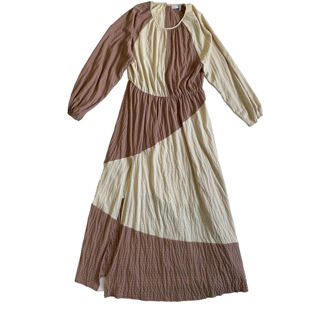 ASOS DESIGN Curve Color Block Long Sleeve Maxi Dress in Mocha and Natural, US 18